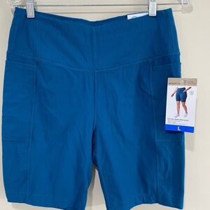 NWT Mondetta Women's High-Rise Ribbed Biker Teal Blue Shorts, Size Large